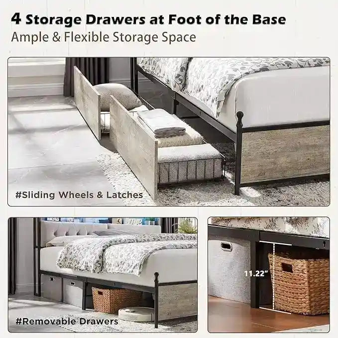 King Size Bed Frame with LED Lights, Charging Station and 4 Drawers