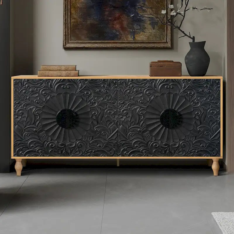 Carved Symmetrical Design Door And Wood Coloured Frame For Tv Stand Table
