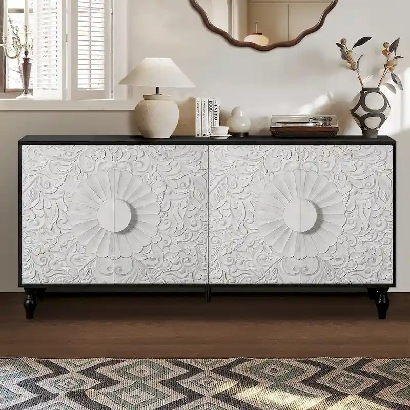 Carved Symmetrical Design Door And Wood Coloured Frame For Tv Stand Table
