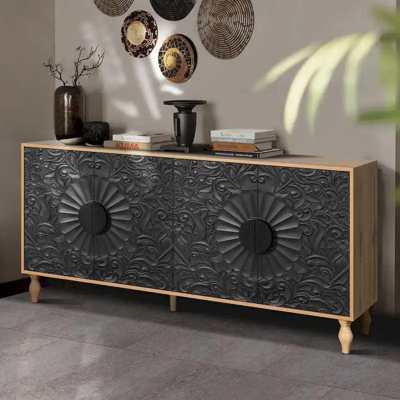 Carved Symmetrical Design Door And Wood Coloured Frame For Tv Stand Table