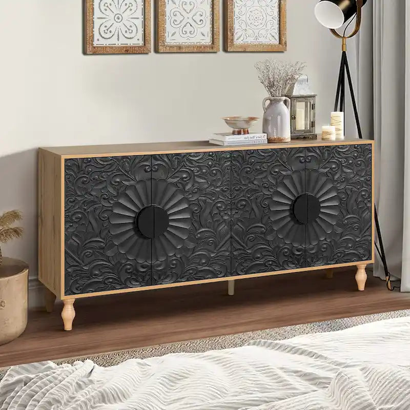 Carved Symmetrical Design Door And Wood Coloured Frame For Tv Stand Table