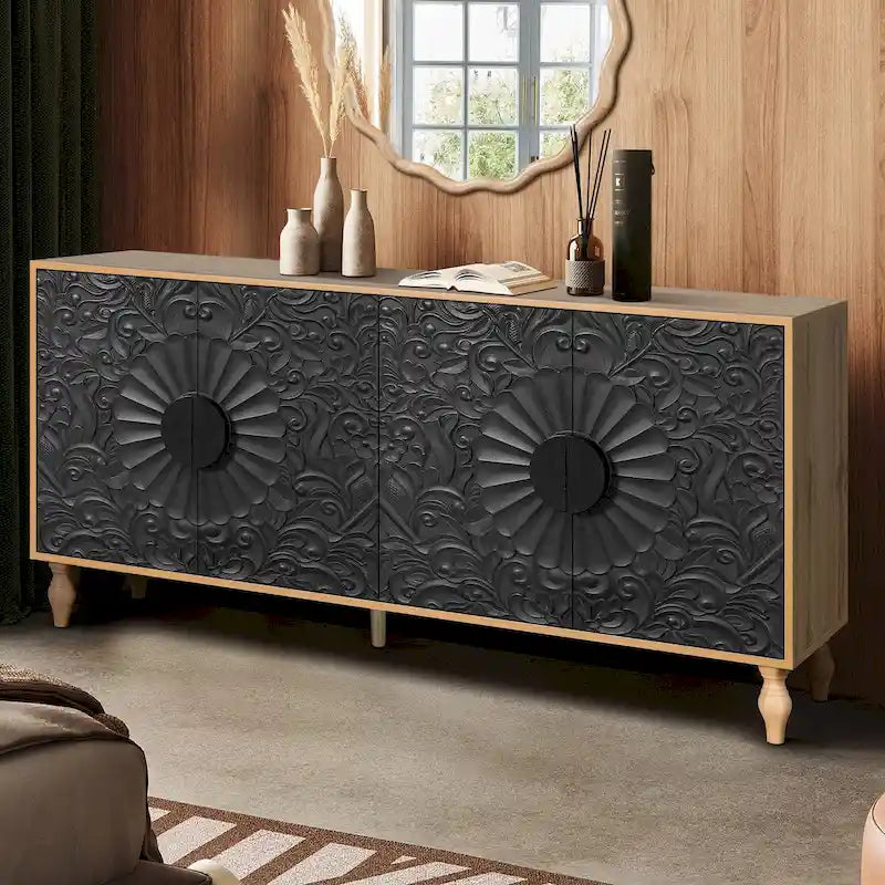 Carved Symmetrical Design Door And Wood Coloured Frame For Tv Stand Table