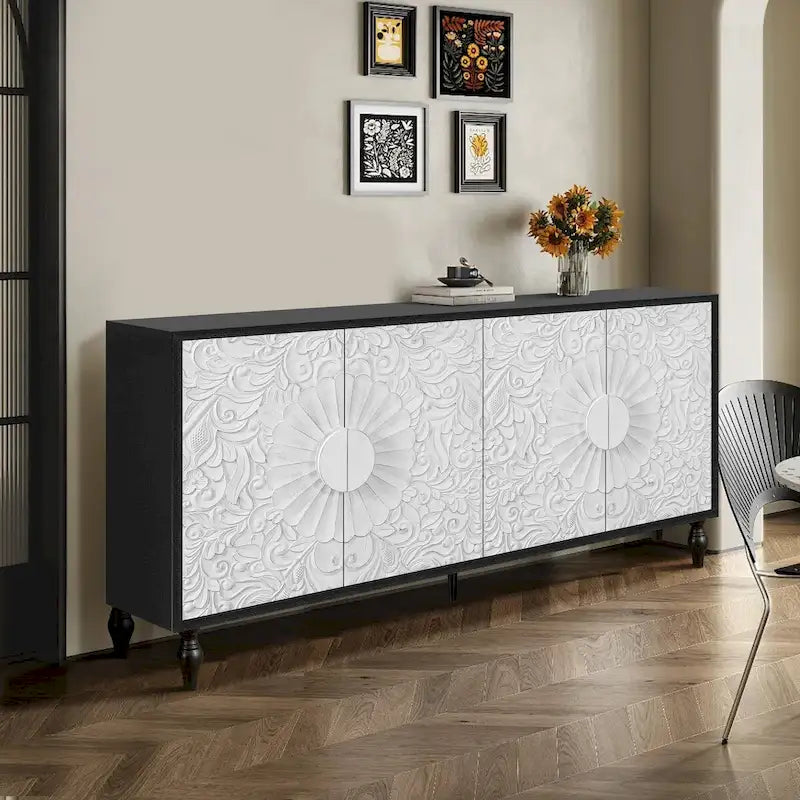 Carved Symmetrical Design Door And Wood Coloured Frame For Tv Stand Table
