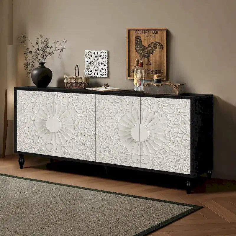Carved Symmetrical Design Door And Wood Coloured Frame For Tv Stand Table