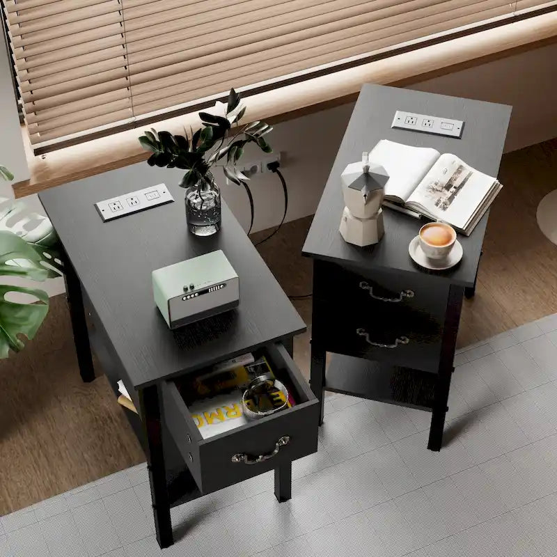 End Table with Charging Station, Narrow Chairside Table with Drawers & USB Ports & Power Outlets, Nightstand for Small Spaces