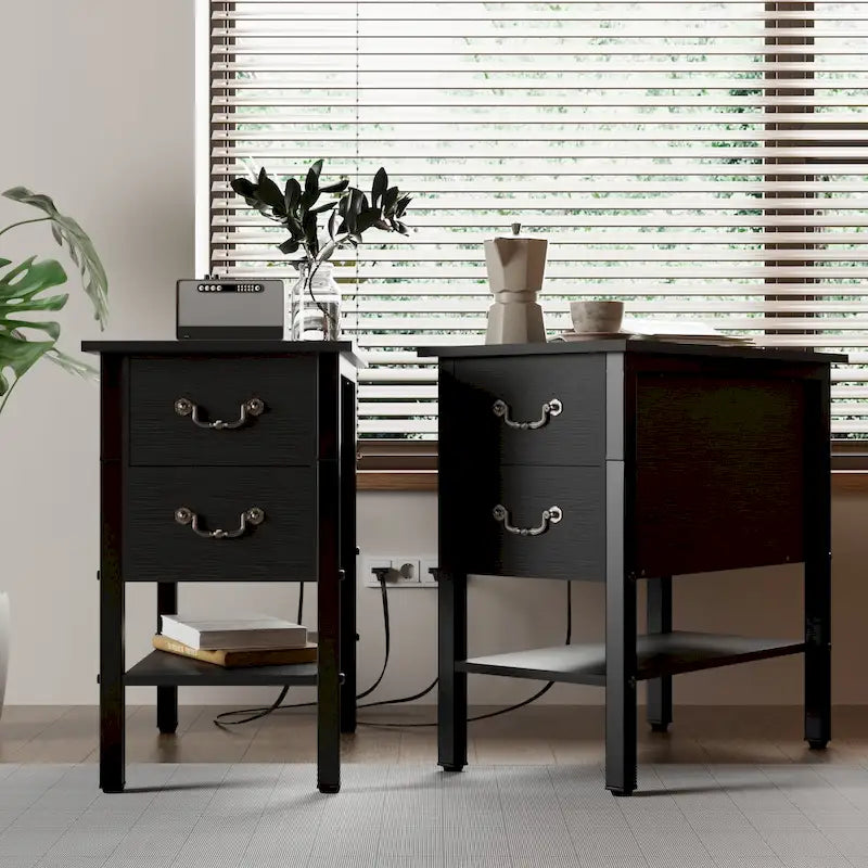 End Table with Charging Station, Narrow Chairside Table with Drawers & USB Ports & Power Outlets, Nightstand for Small Spaces
