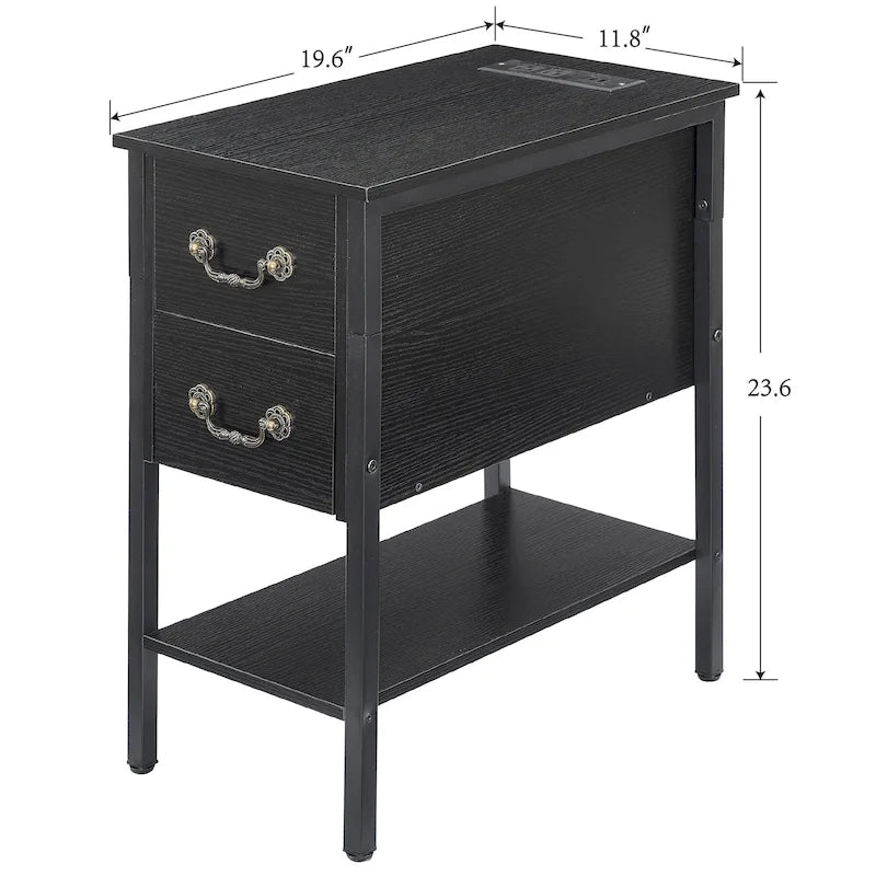 End Table with Charging Station, Narrow Chairside Table with Drawers & USB Ports & Power Outlets, Nightstand for Small Spaces