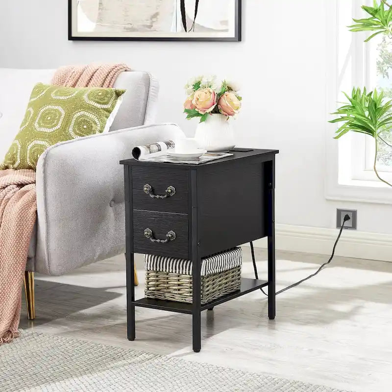 End Table with Charging Station, Narrow Chairside Table with Drawers & USB Ports & Power Outlets, Nightstand for Small Spaces