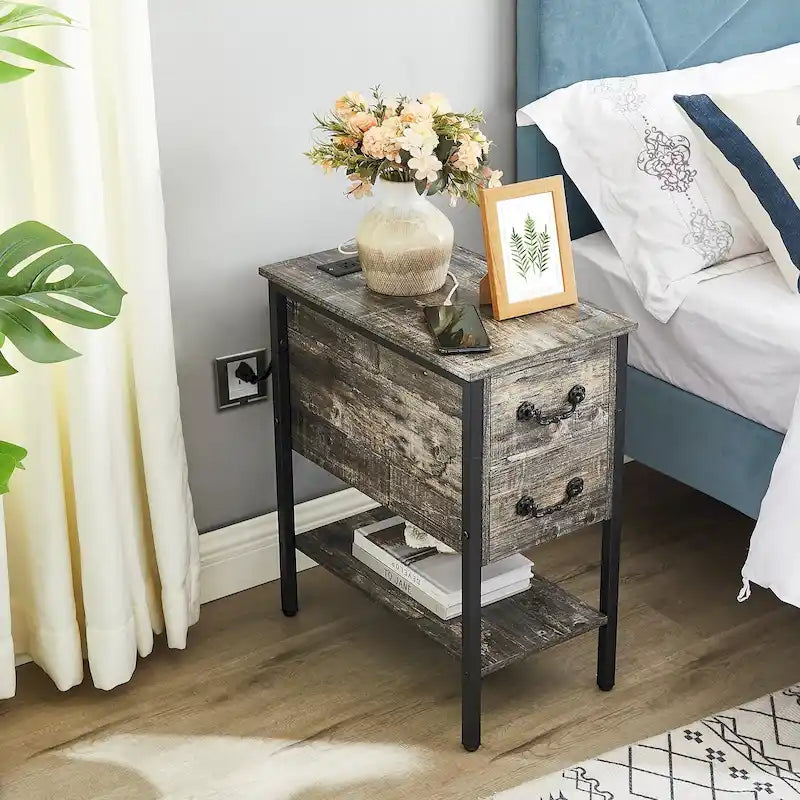End Table with Charging Station, Narrow Chairside Table with Drawers & USB Ports & Power Outlets, Nightstand for Small Spaces