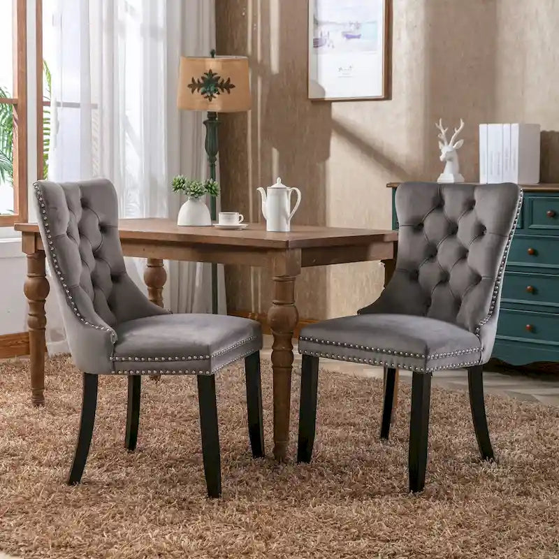 Set of 2 Velvet Upholstered Dining Chairs with Nailhead Trim and Wooden Legs