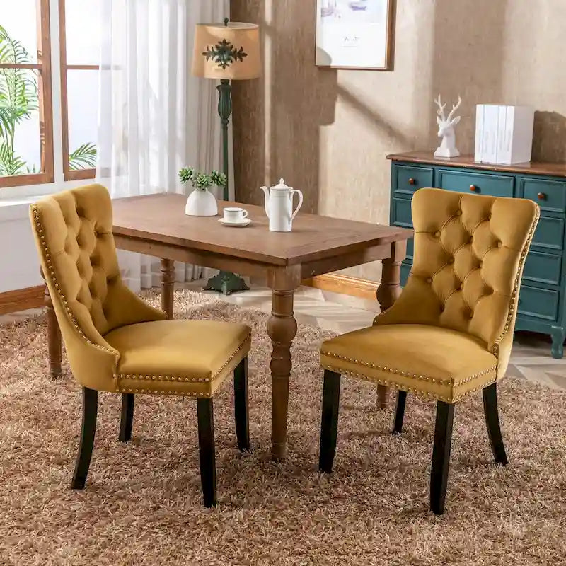 Set of 2 Velvet Upholstered Dining Chairs with Nailhead Trim and Wooden Legs