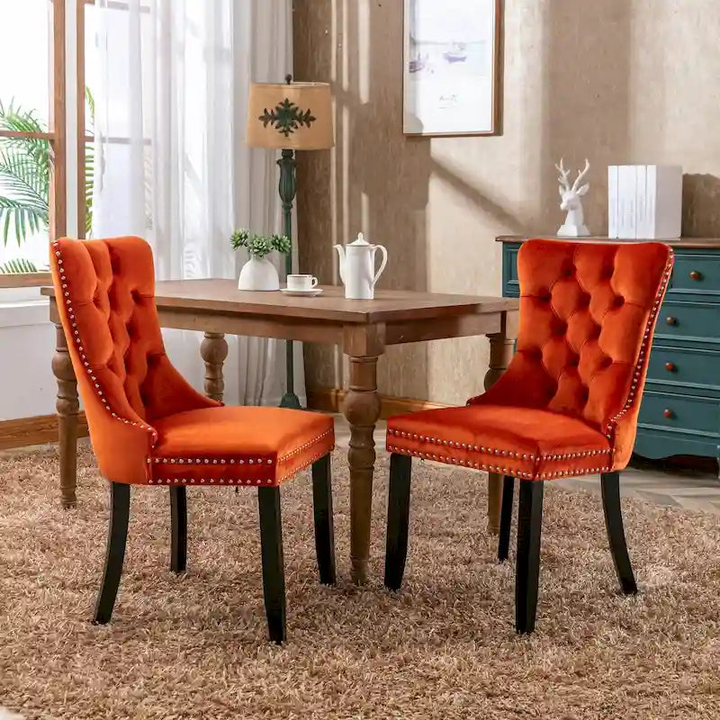 Set of 2 Velvet Upholstered Dining Chairs with Nailhead Trim and Wooden Legs