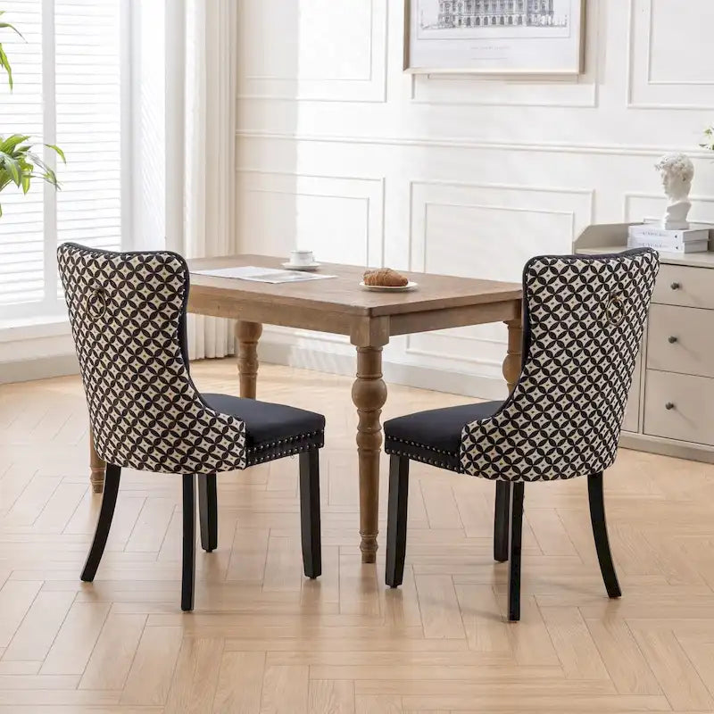 Set of 2 Velvet Upholstered Dining Chairs with Nailhead Trim and Wooden Legs