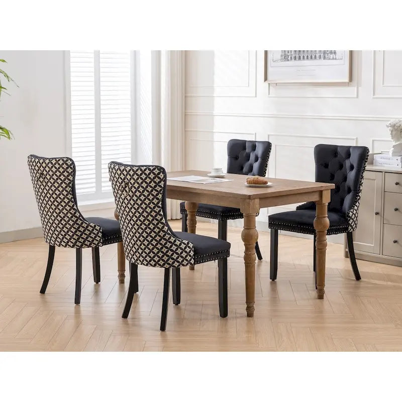 Set of 2 Velvet Upholstered Dining Chairs with Nailhead Trim and Wooden Legs