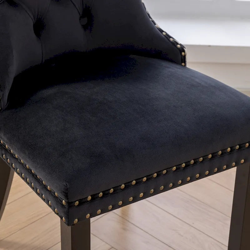 Set of 2 Velvet Upholstered Dining Chairs with Nailhead Trim and Wooden Legs