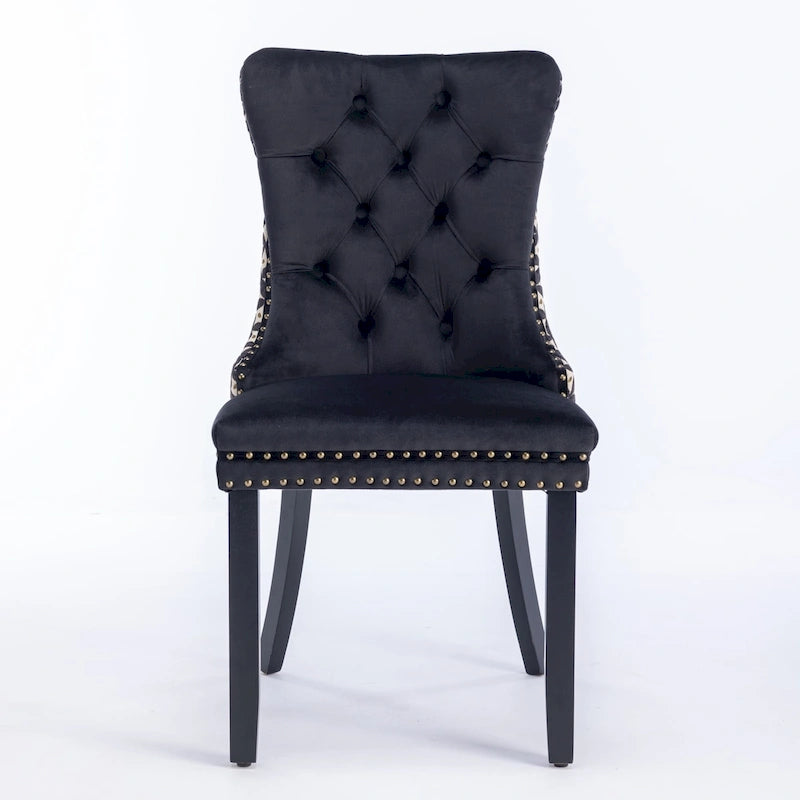 Set of 2 Velvet Upholstered Dining Chairs with Nailhead Trim and Wooden Legs