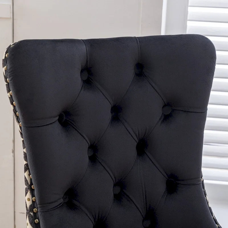 Set of 2 Velvet Upholstered Dining Chairs with Nailhead Trim and Wooden Legs