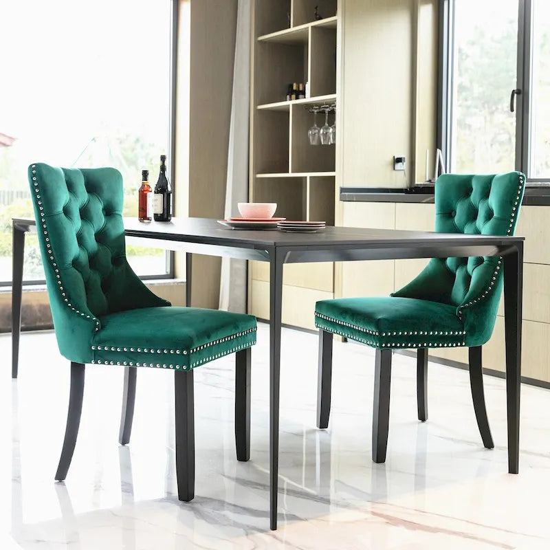 Set of 2 Velvet Upholstered Dining Chairs with Nailhead Trim and Wooden Legs