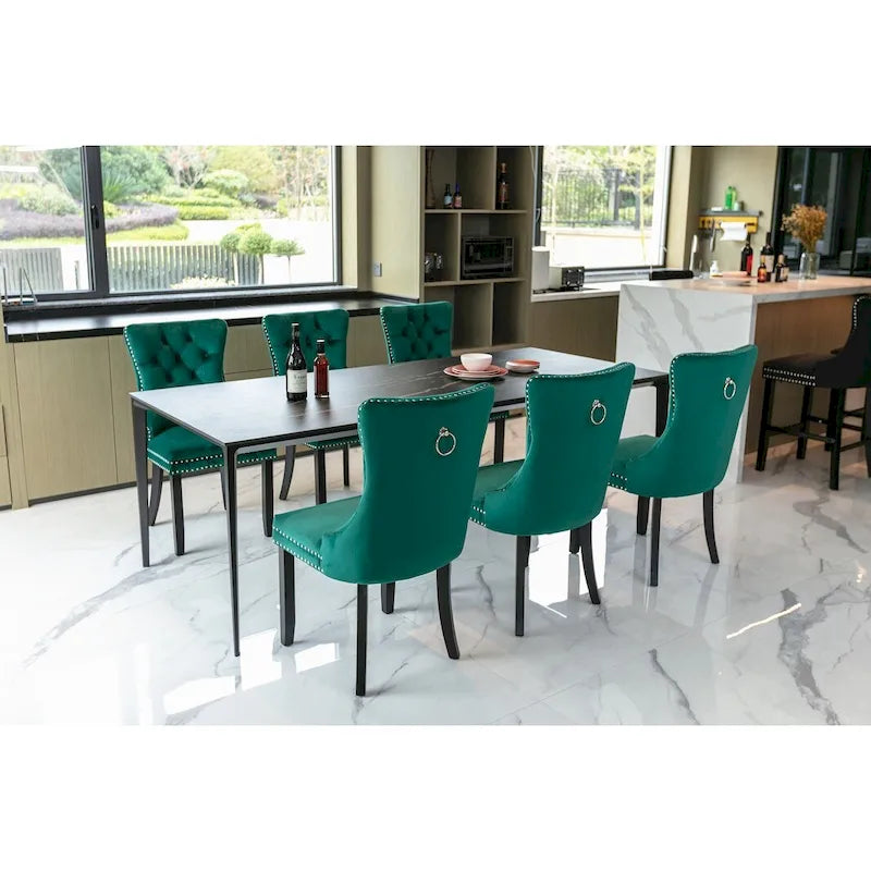Set of 2 Velvet Upholstered Dining Chairs with Nailhead Trim and Wooden Legs