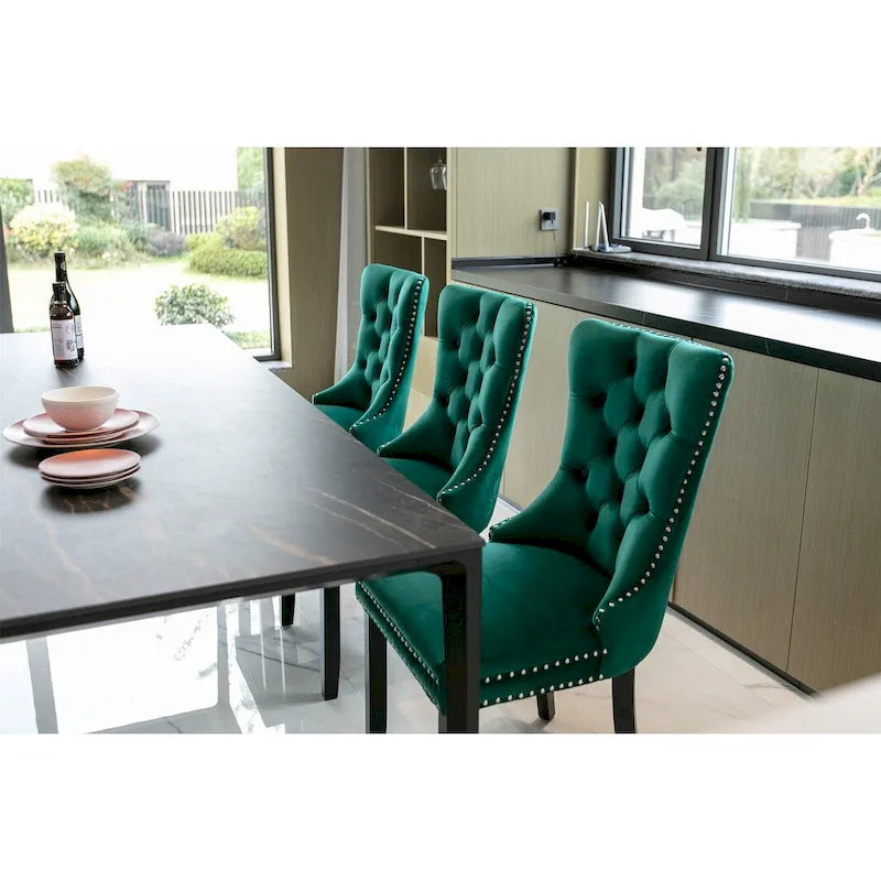 Set of 2 Velvet Upholstered Dining Chairs with Nailhead Trim and Wooden Legs