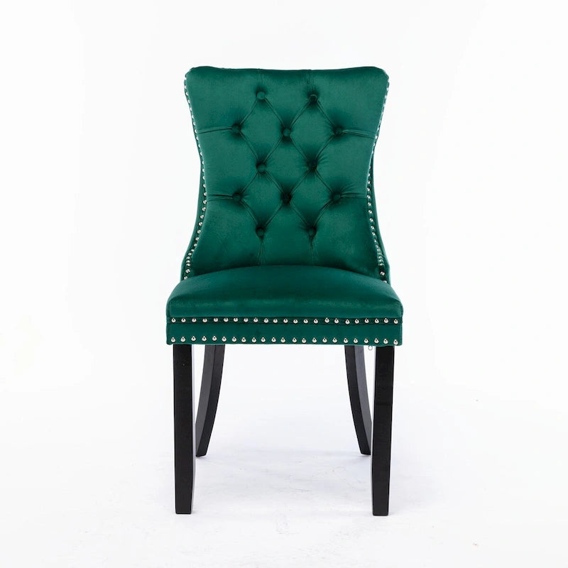 Set of 2 Velvet Upholstered Dining Chairs with Nailhead Trim and Wooden Legs