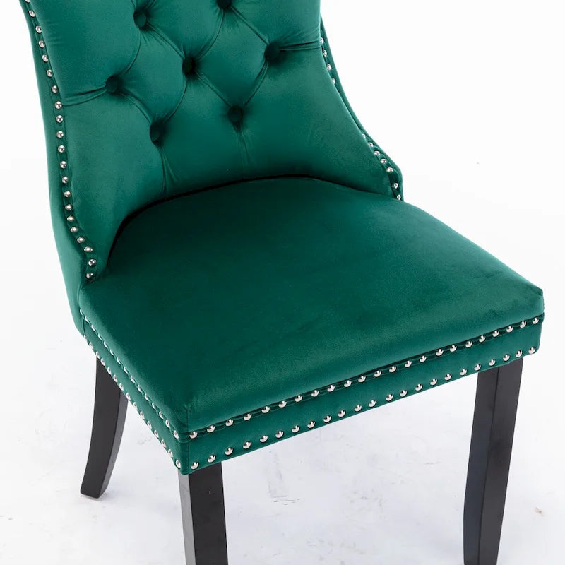 Set of 2 Velvet Upholstered Dining Chairs with Nailhead Trim and Wooden Legs