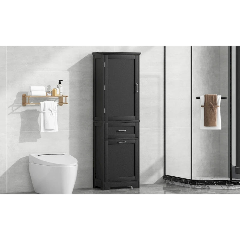 Freestanding Tall Bathroom Storage Cabinet, with 2 Different Size Drawers and Adjustable Shelf, Painted Finish
