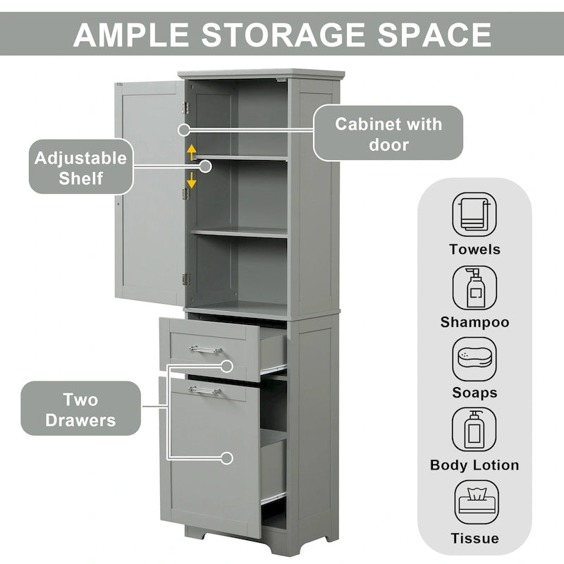 Freestanding Tall Bathroom Storage Cabinet, with 2 Different Size Drawers and Adjustable Shelf, Painted Finish