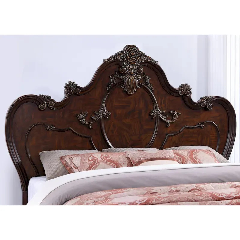 Traditional Solid Wood Panel Bed with Intricate Carved Trim