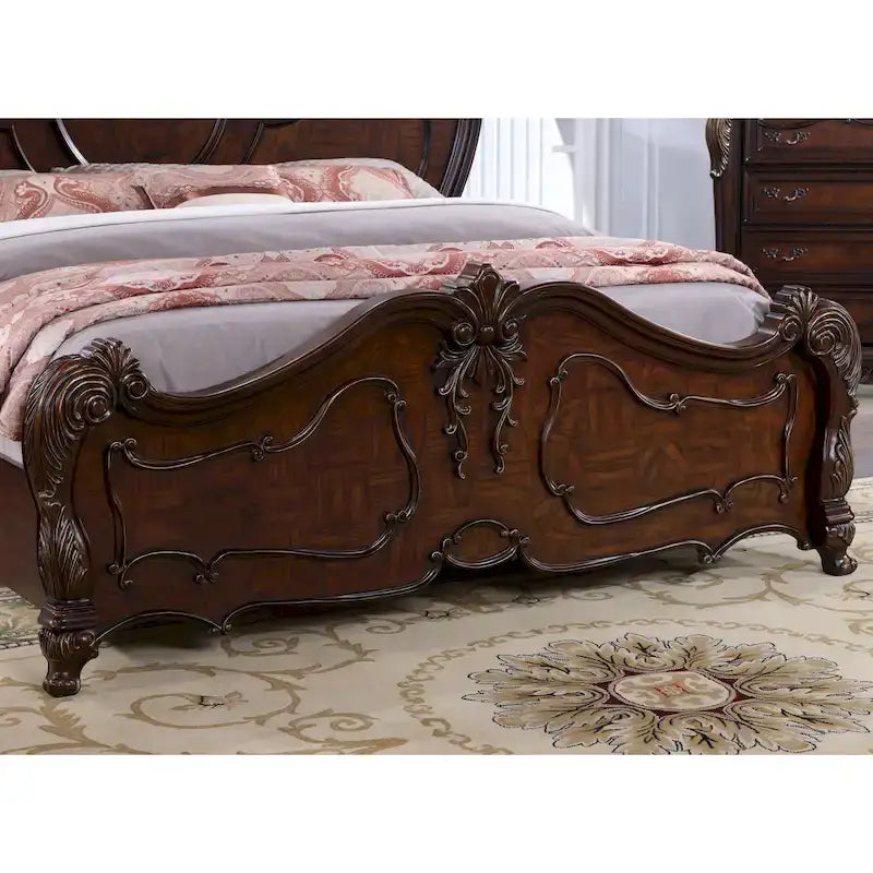 Traditional Solid Wood Panel Bed with Intricate Carved Trim
