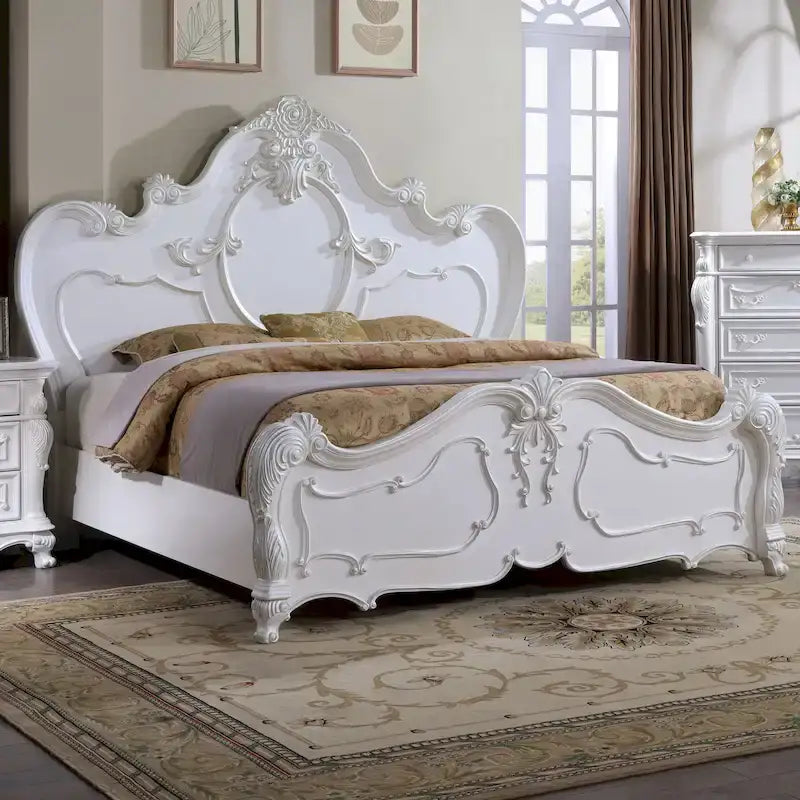 Traditional Solid Wood Panel Bed with Intricate Carved Trim